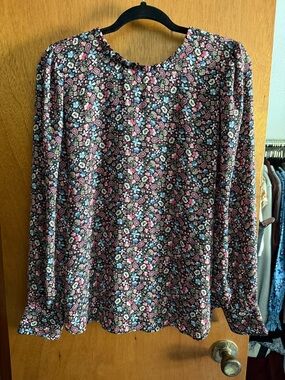 LOFT Paisley Floral Long-Sleeve Blouse in Pink and Black